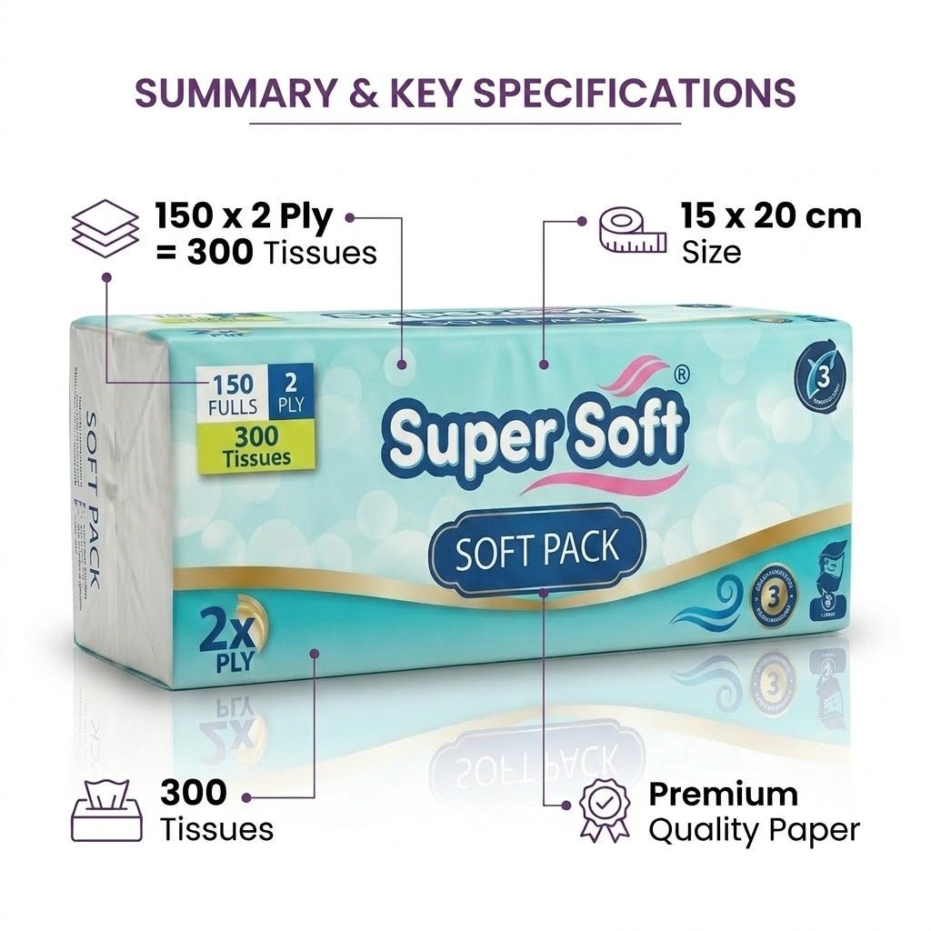 Premium Super Soft Softpack Tissue | 150 x 2 Ply (300 Tissues) | 15x20cm Compact Size | Premium Quality Paper | Everyday Gentle Use - Little Hygiene