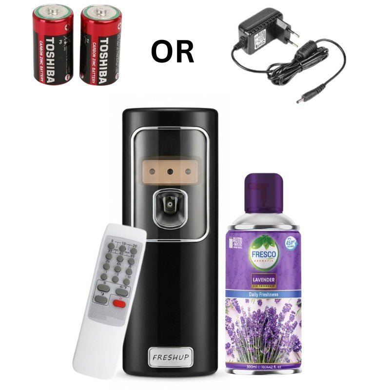 Black Automatic Air Freshener Dispenser with Remote, Adapter & Refill – Dual Power Spray Machine - Little Hygiene