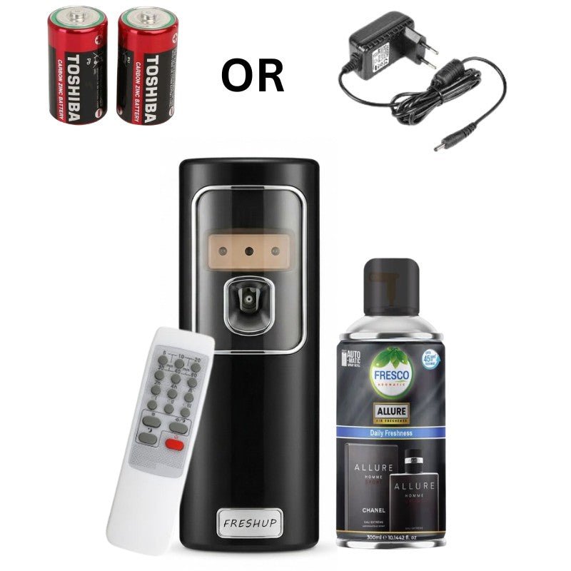 Black Automatic Air Freshener Dispenser with Remote, Adapter & Refill – Dual Power Spray Machine - Little Hygiene