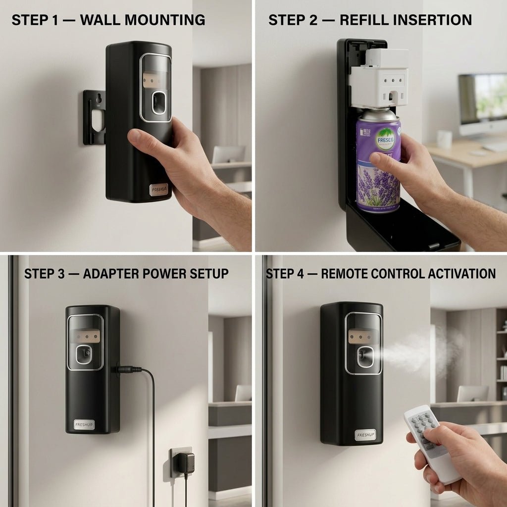 Black Automatic Air Freshener Dispenser with Remote, Adapter & Refill – Dual Power Spray Machine - Little Hygiene