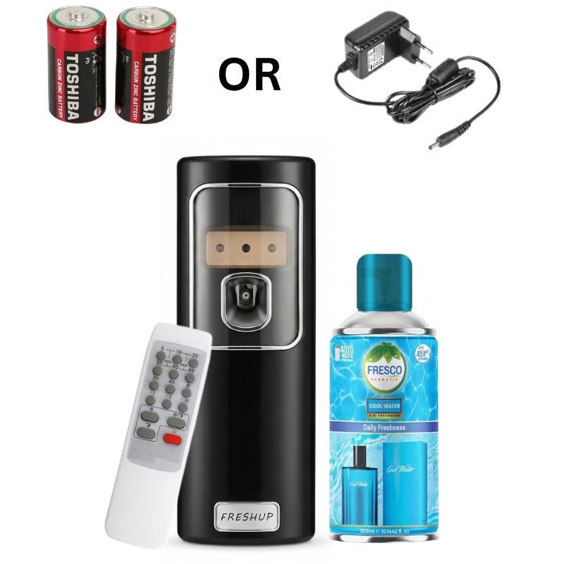Black Automatic Air Freshener Dispenser with Remote, Adapter & Refill – Dual Power Spray Machine - Little Hygiene