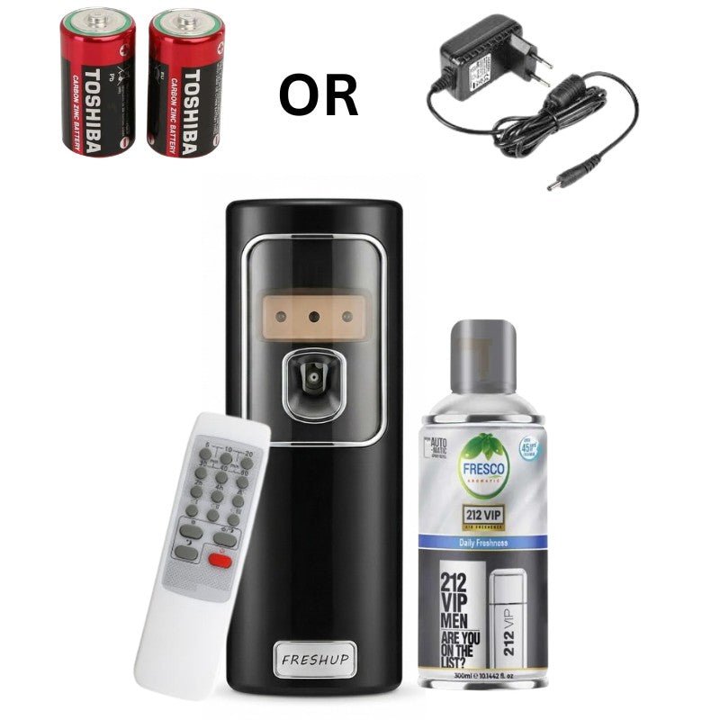 Black Automatic Air Freshener Dispenser with Remote, Adapter & Refill – Dual Power Spray Machine - Little Hygiene