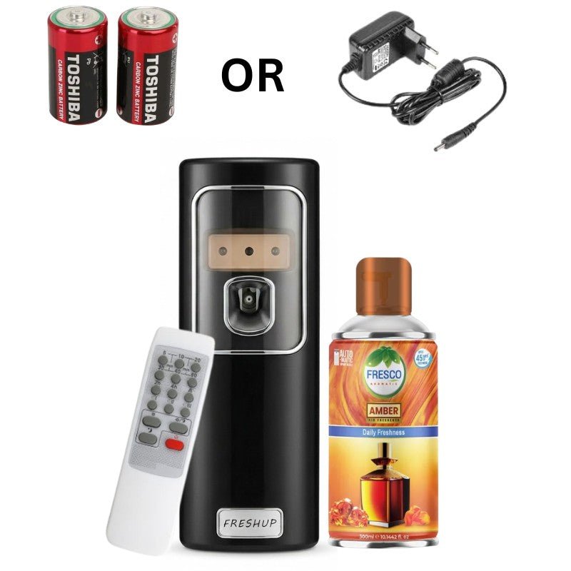 Black Automatic Air Freshener Dispenser with Remote, Adapter & Refill – Dual Power Spray Machine - Little Hygiene
