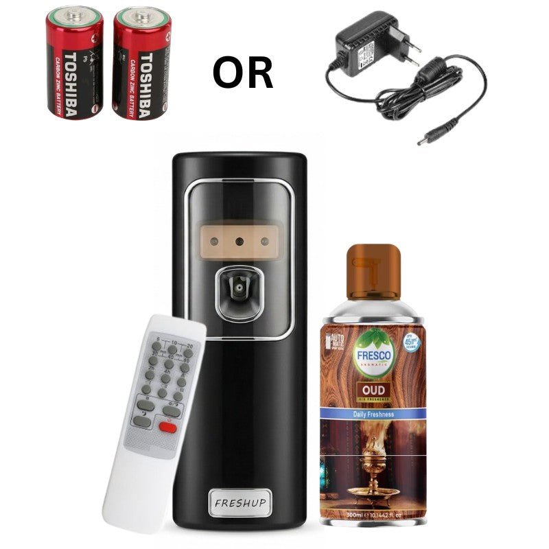 Black Automatic Air Freshener Dispenser with Remote, Adapter & Refill – Dual Power Spray Machine - Little Hygiene