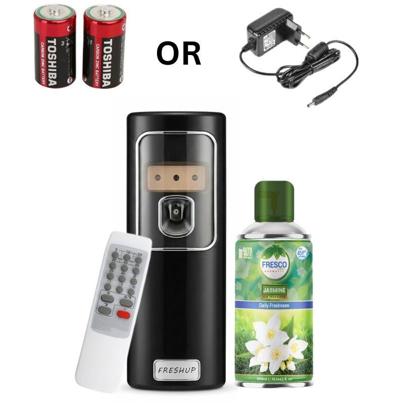 Black Automatic Air Freshener Dispenser with Remote, Adapter & Refill – Dual Power Spray Machine - Little Hygiene