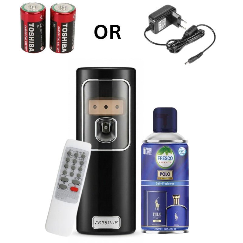 Black Automatic Air Freshener Dispenser with Remote, Adapter & Refill – Dual Power Spray Machine - Little Hygiene