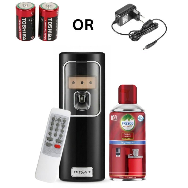 Black Automatic Air Freshener Dispenser with Remote, Adapter & Refill – Dual Power Spray Machine - Little Hygiene