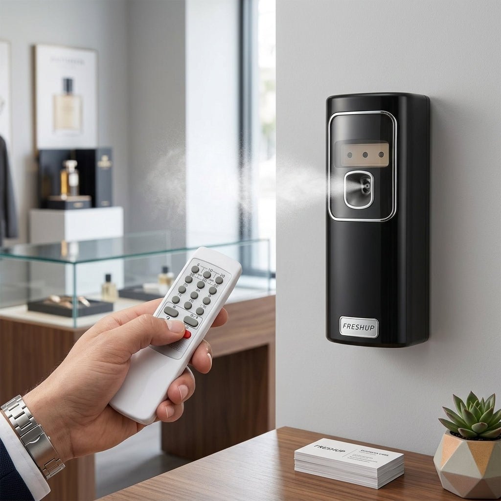 Black Automatic Air Freshener Dispenser with Remote, Adapter & Refill – Dual Power Spray Machine - Little Hygiene