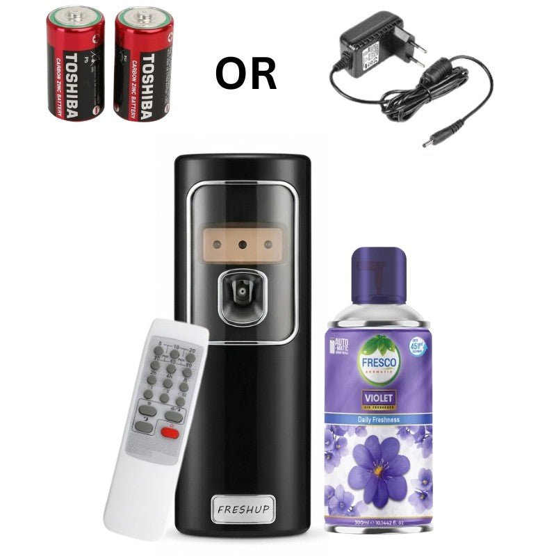 Black Automatic Air Freshener Dispenser with Remote, Adapter & Refill – Dual Power Spray Machine - Little Hygiene