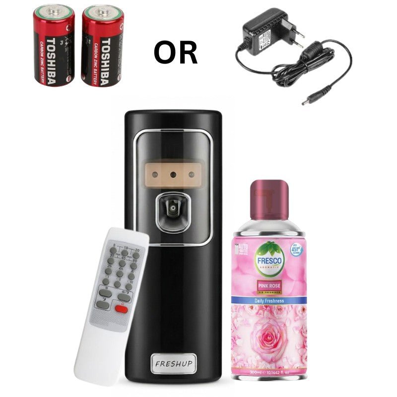 Black Automatic Air Freshener Dispenser with Remote, Adapter & Refill – Dual Power Spray Machine - Little Hygiene