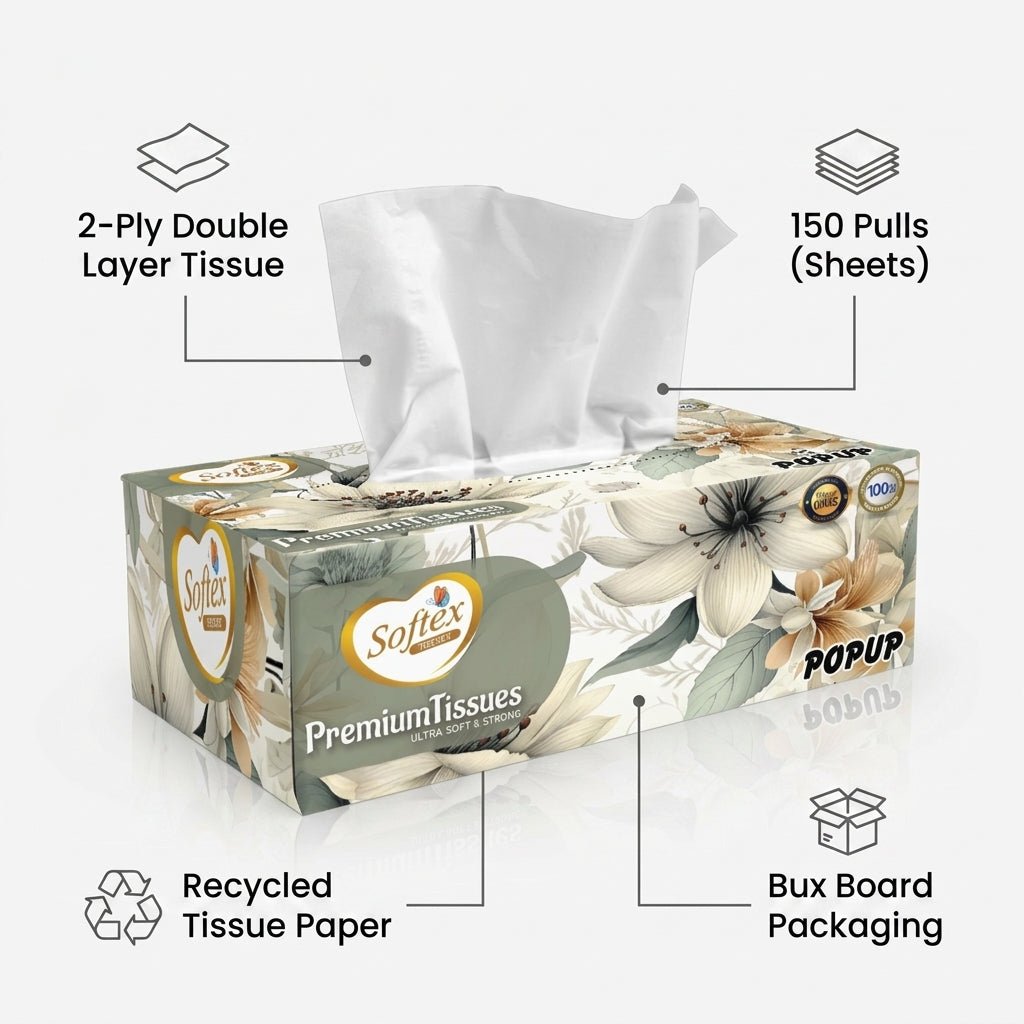 Premium Pop - Up Tissue Box | 150 Sheets 2 Ply | Recycled Paper | Bux Board Pack | Everyday Home and Office Use - Little Hygiene