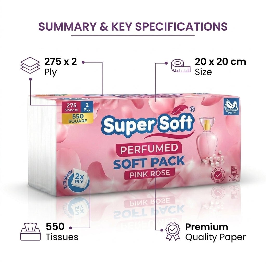 Premium Super Soft Perfumed Softpack Tissue | 275 x 2 Ply (550 Tissues) | 20x20cm Large Size | Gentle Fragrance | Everyday Use - Little Hygiene