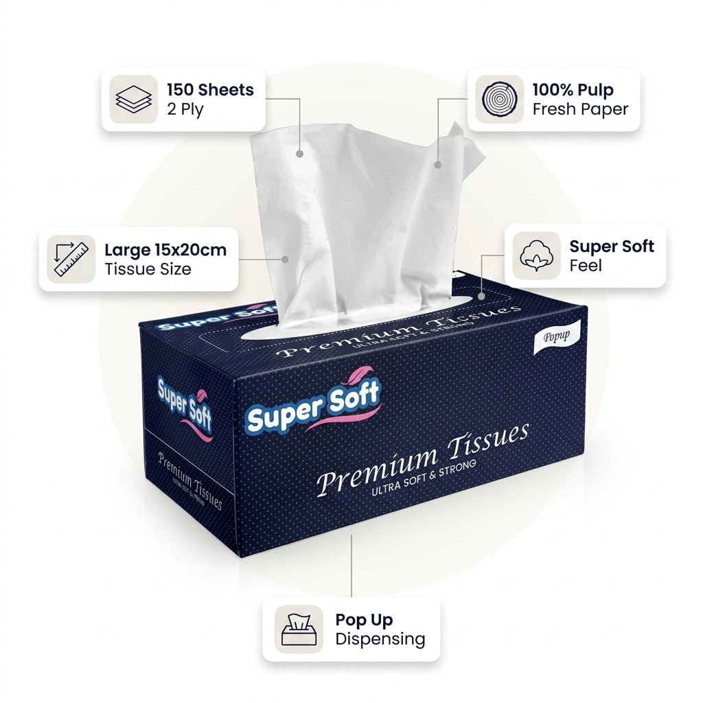 Premium Super Soft Pop Up Tissue Box | 150 Sheets 2 Ply | 100% Pulp Fresh Paper | Soft Everyday Use | Large 15x20cm Tissue Size - Little Hygiene