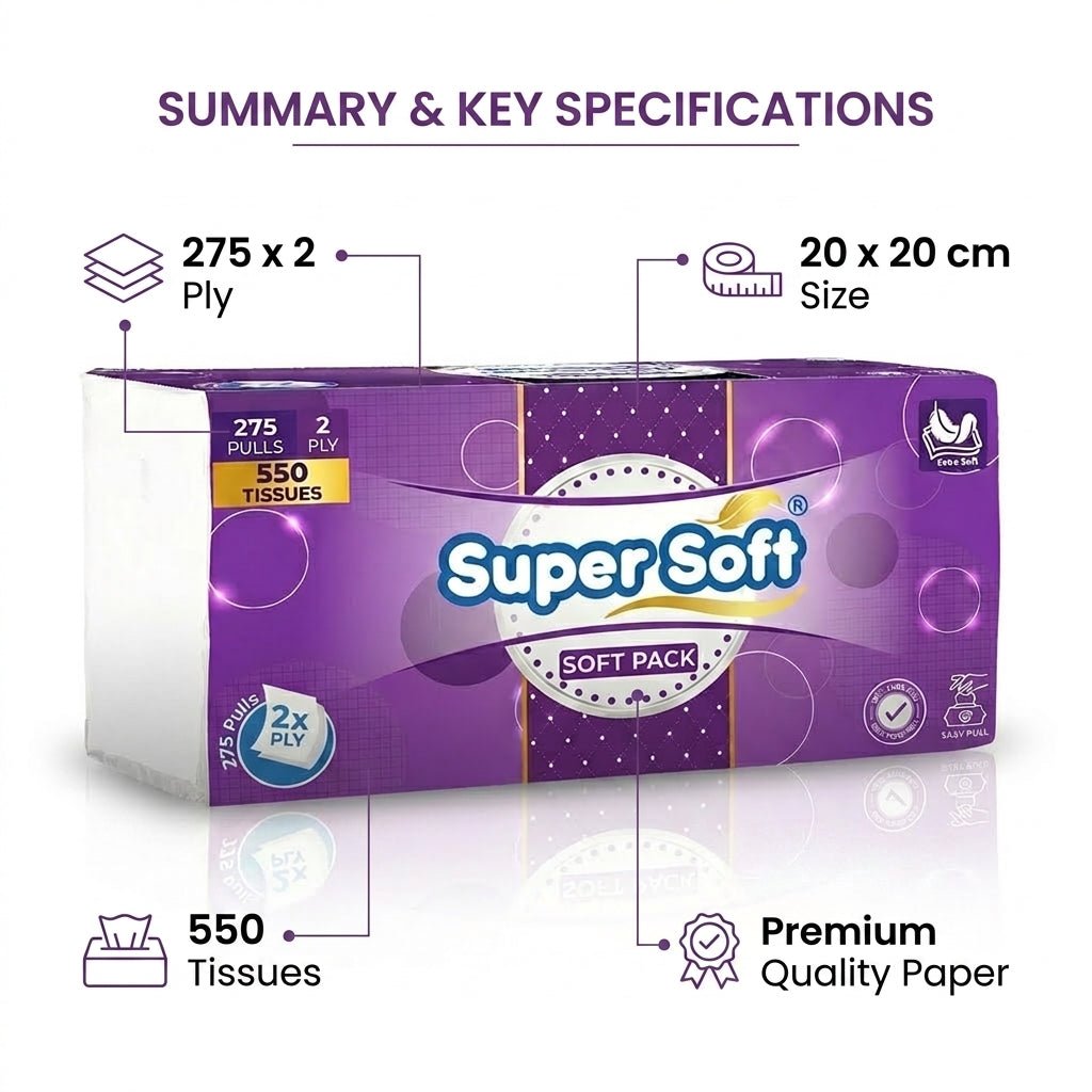 Premium Super Soft Softpack Tissue | 275 x 2 Ply (550 Tissues) | 20x20cm Large Size | 100% Pulp Fresh Paper | Everyday Gentle Use - Little Hygiene