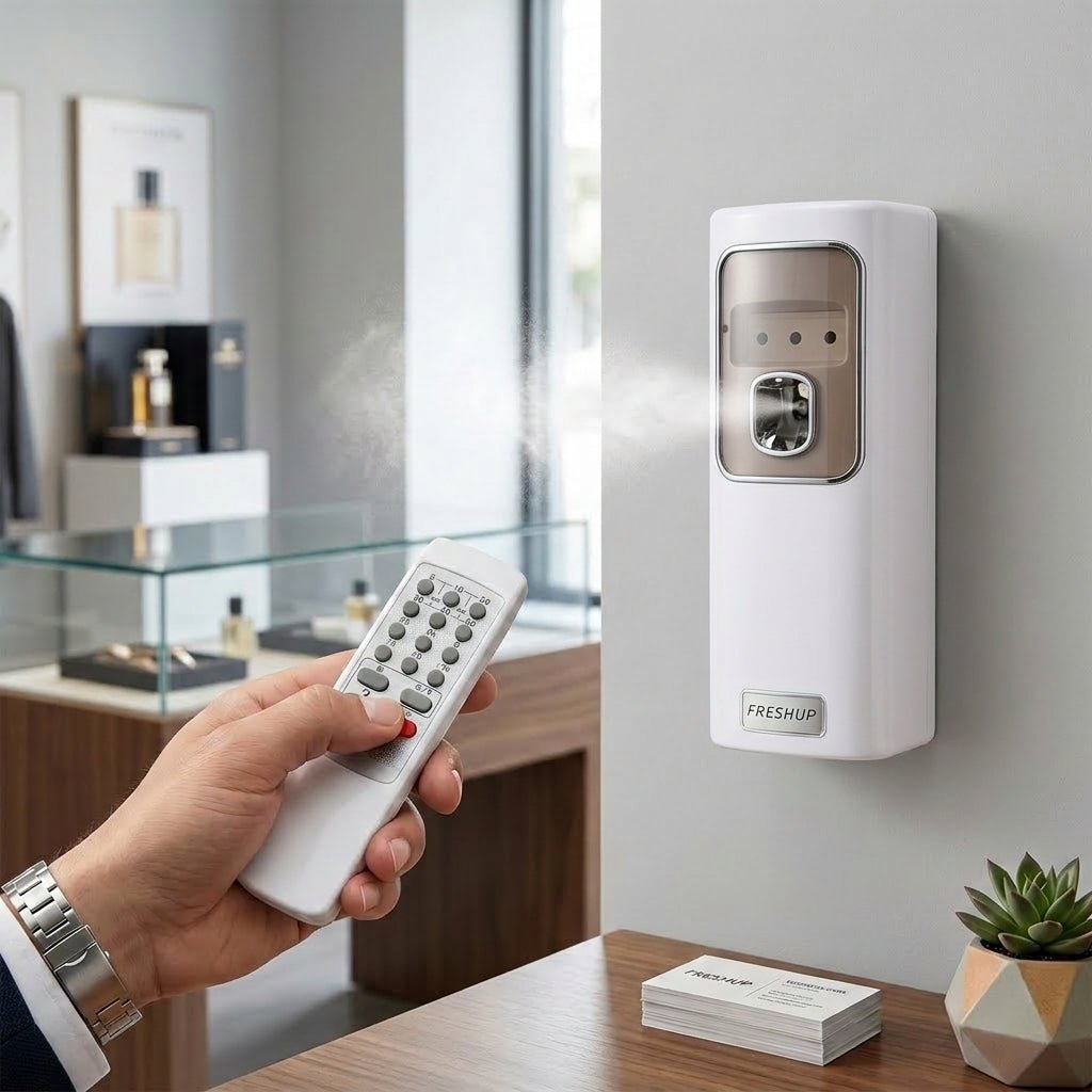 White Automatic Air Freshener Dispenser with Remote, Adapter & Refill – Dual Power Spray Machine - Little Hygiene