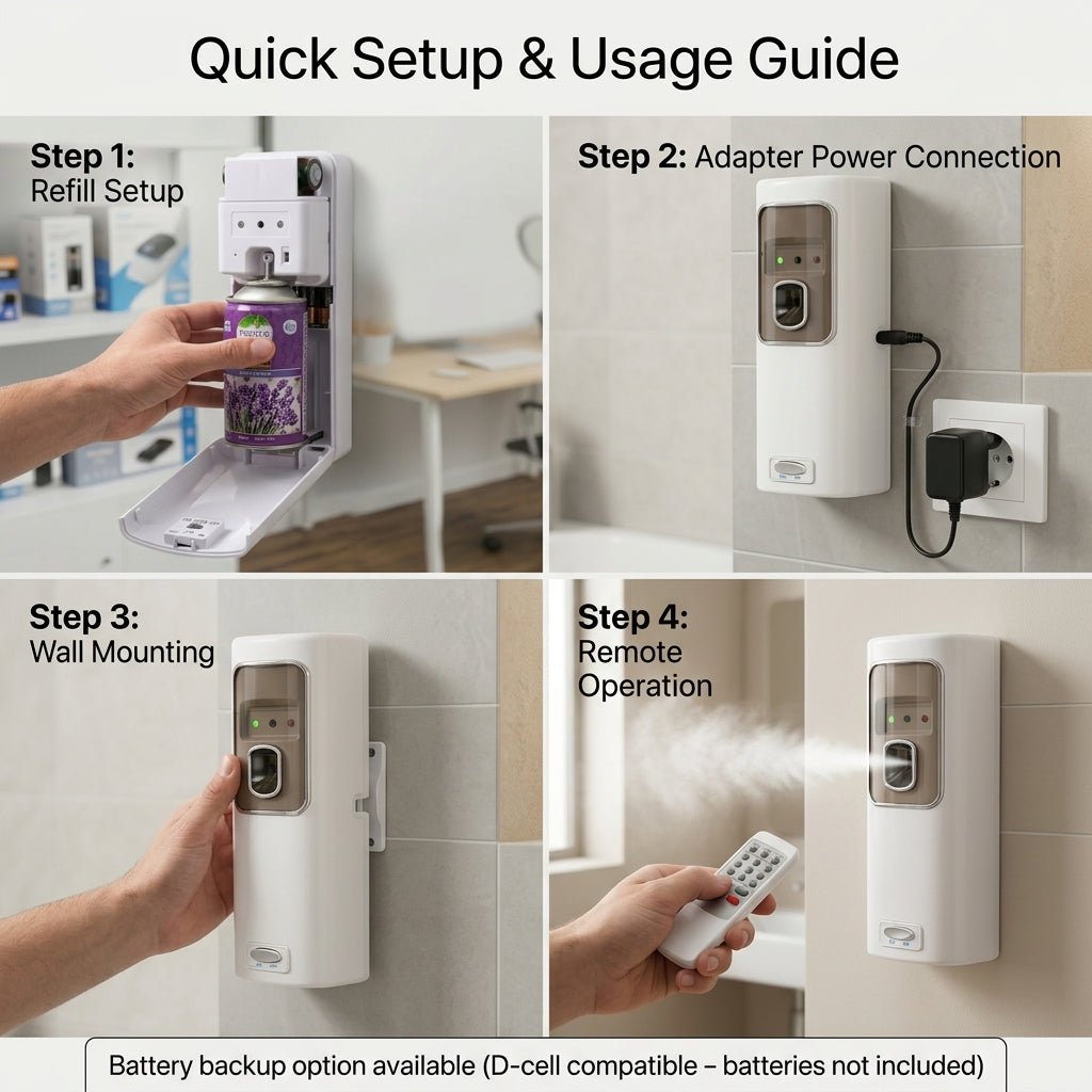 White Automatic Air Freshener Dispenser with Remote, Adapter & Refill – Dual Power Spray Machine - Little Hygiene